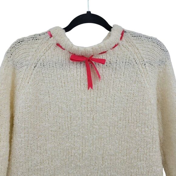 Vintage 60's Sweater Tunic Wool Knobby Knit Ivory Holiday GoGo Pink Ribbon S - Picture 6 of 12
